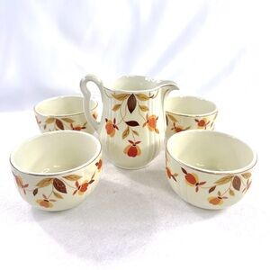 Vintage Halls Superior Autumn Leaf Milk Pitcher 4 Custard Cups Mary Dunbar